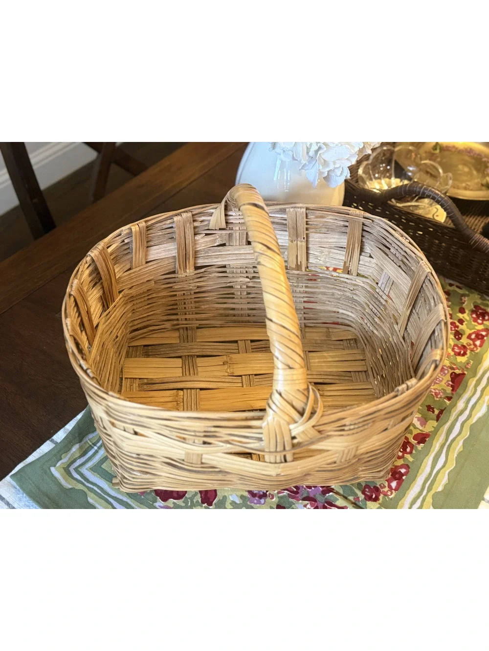 Vintage Handwoven Wicker Basket with Fixed Overhead Handle - Natural Reed/Rattan